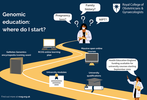 Genomics education infographic "Where do I start?" Image shows a doctor starting on a journey, including: University qualifications, university modules, GeNotes Genomics encyclopedia (coming soon), Massive open online courses, and RCOG online learning plan.